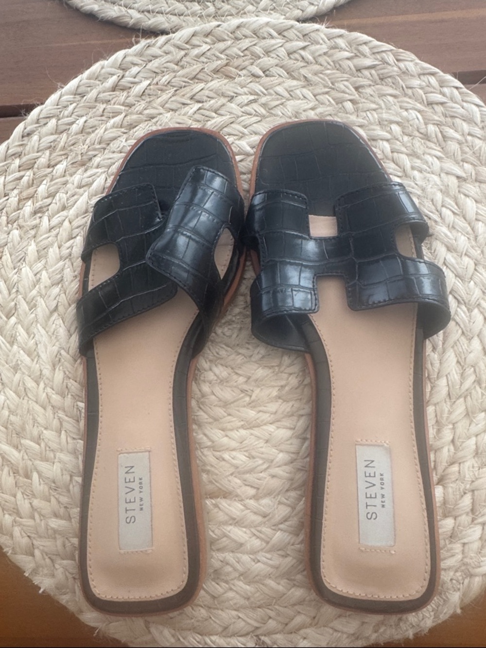 Seven7 Black Croc-Embossed Slide Mules